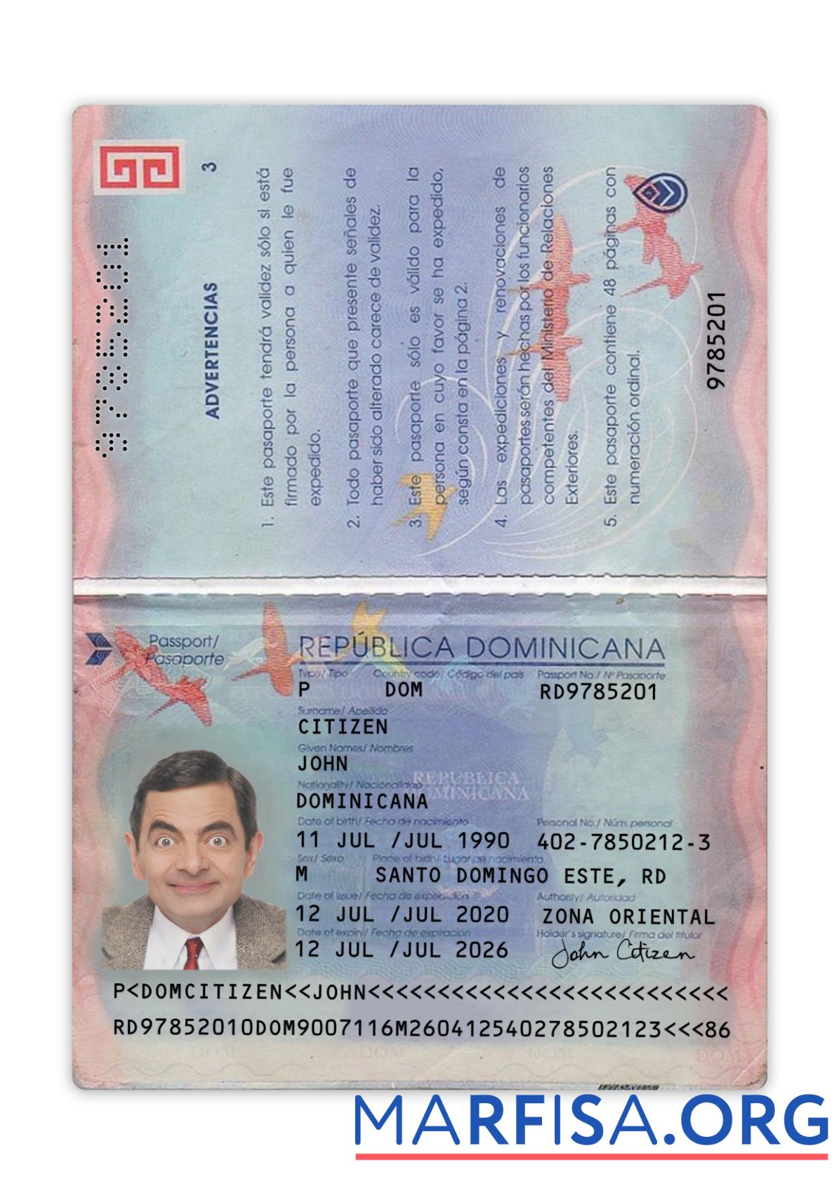Blank Dominican Republic passport 2020 present example